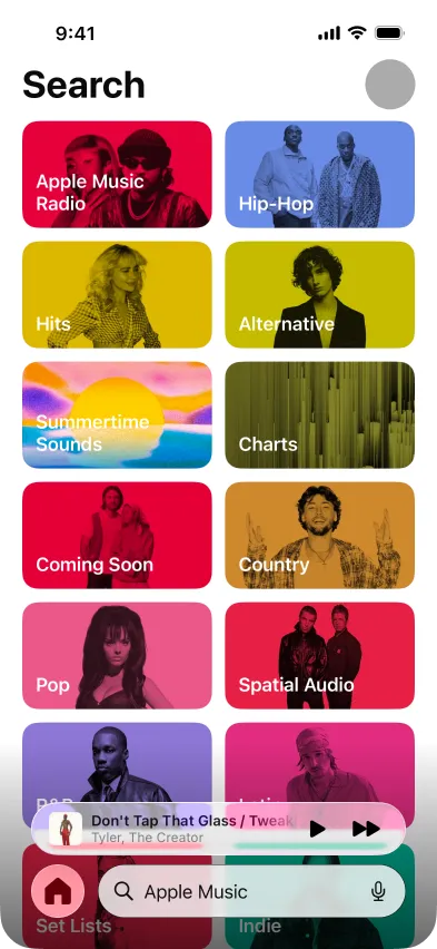 Apple Music search screen, dark mode