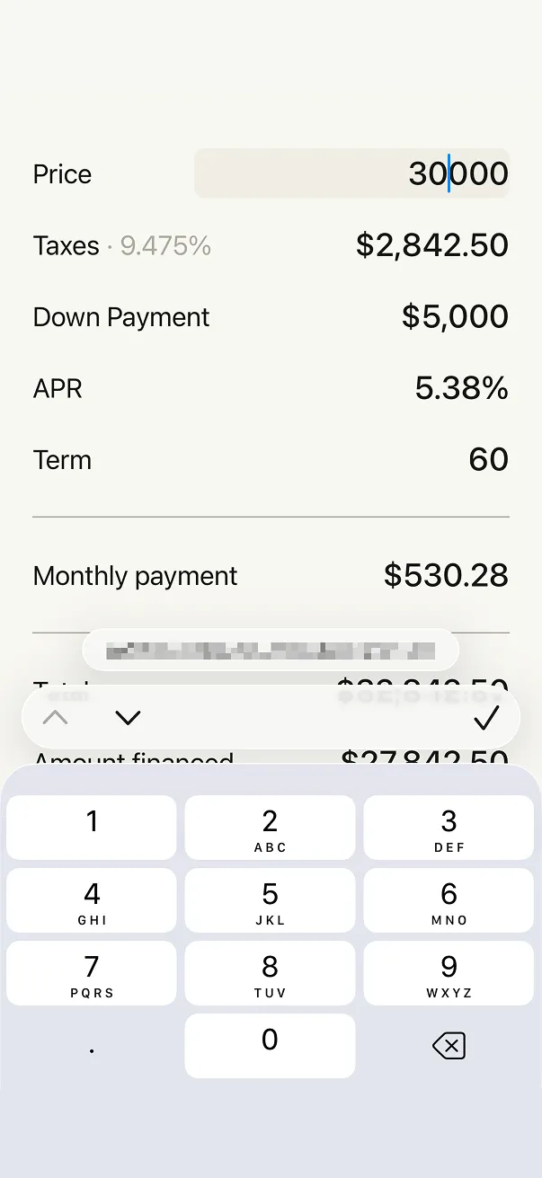 Auto loan calculator, edit view
